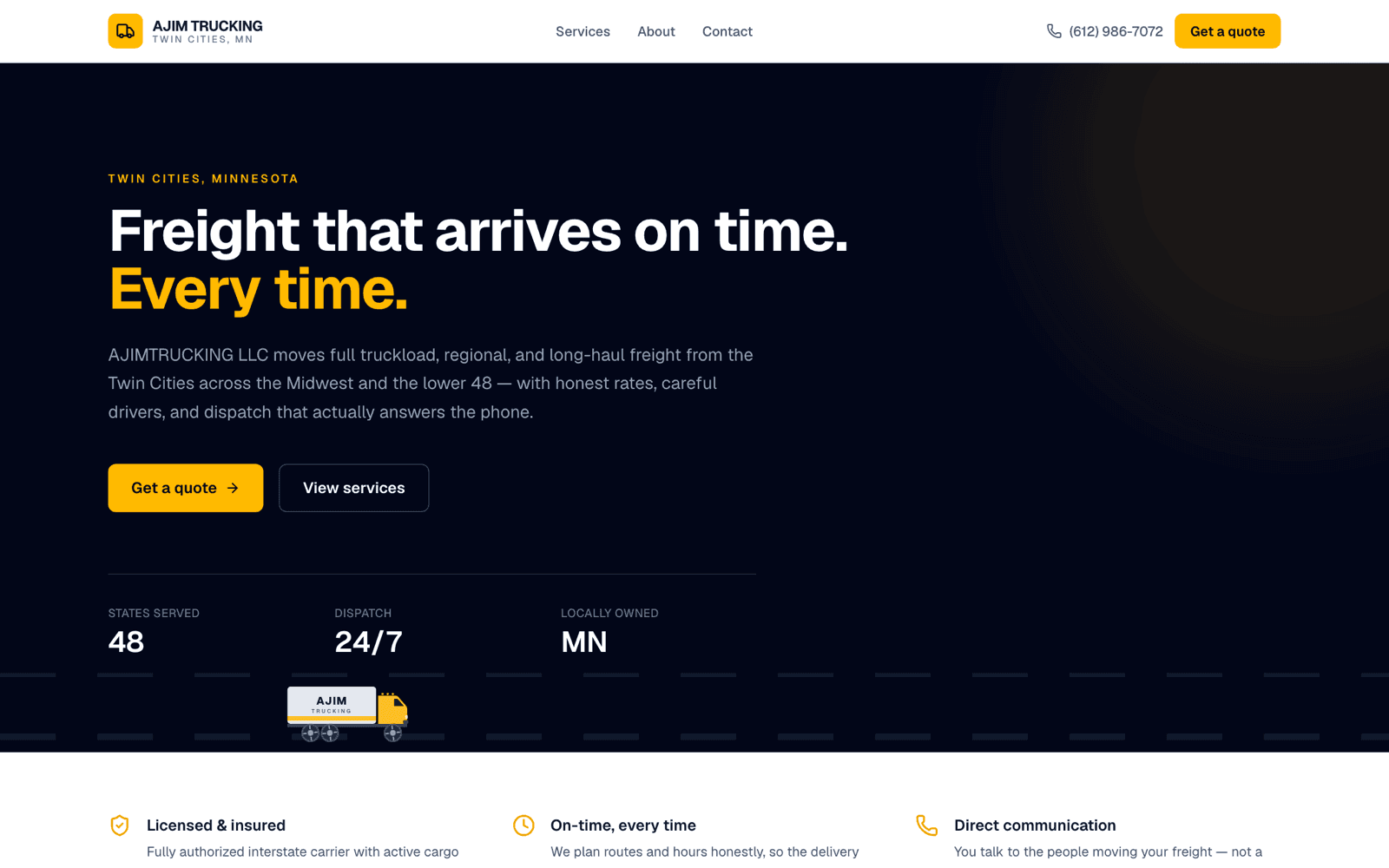 AJIM Trucking homepage — headline “Freight that arrives on time. Every time.” over a dark hero with quote buttons and stats for states served and 24/7 dispatch.