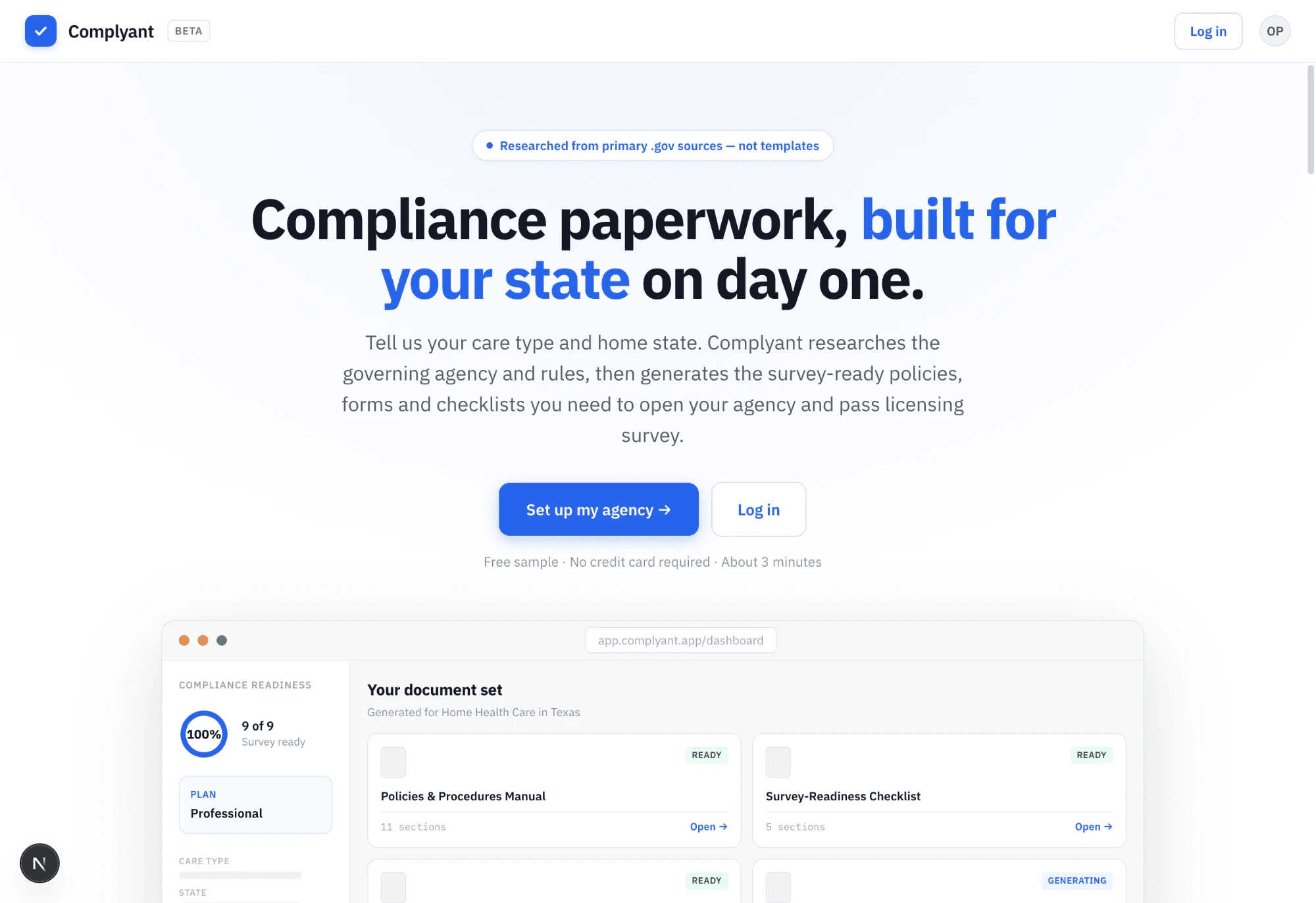 Complyant homepage — headline “Compliance paperwork, built for your state on day one” above a dashboard showing a generated document set with a policies and procedures manual and survey-readiness checklist.