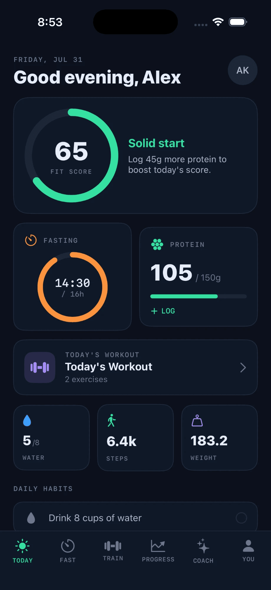 GetFit Today screen — a Fit Score ring at 65, a 16-hour fasting timer, protein progress at 105 of 150 grams, today's workout, and water, steps, and weight tiles.