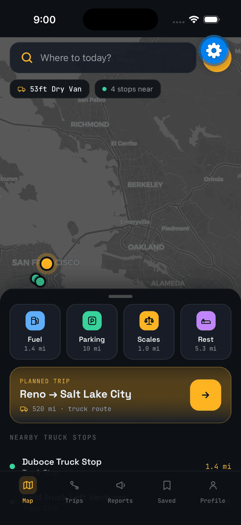 iTus map home screen — “Where to today?” search, a 53-foot dry-van rig profile, a Bay Area truck map, quick actions for fuel, parking, scales, and rest, and a planned Reno-to-Salt-Lake-City truck route.