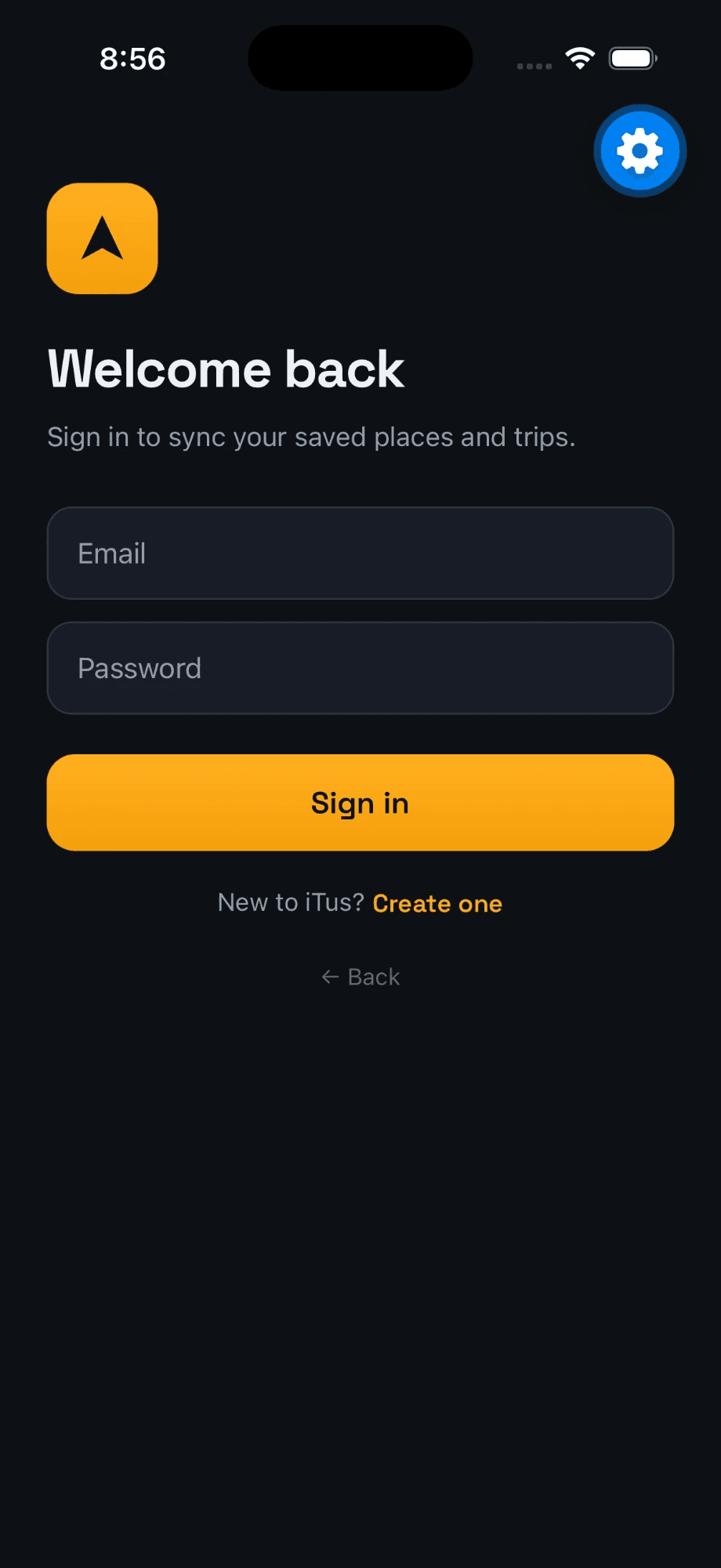 iTus sign-in screen — “Welcome back” heading with email and password fields to sync saved places and trips.