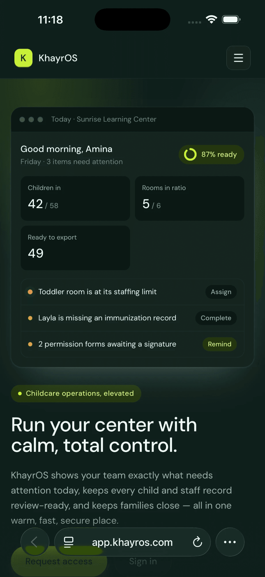 KhayrOS on a phone — the daily operations dashboard with attendance, room ratios, export readiness, and items needing attention.