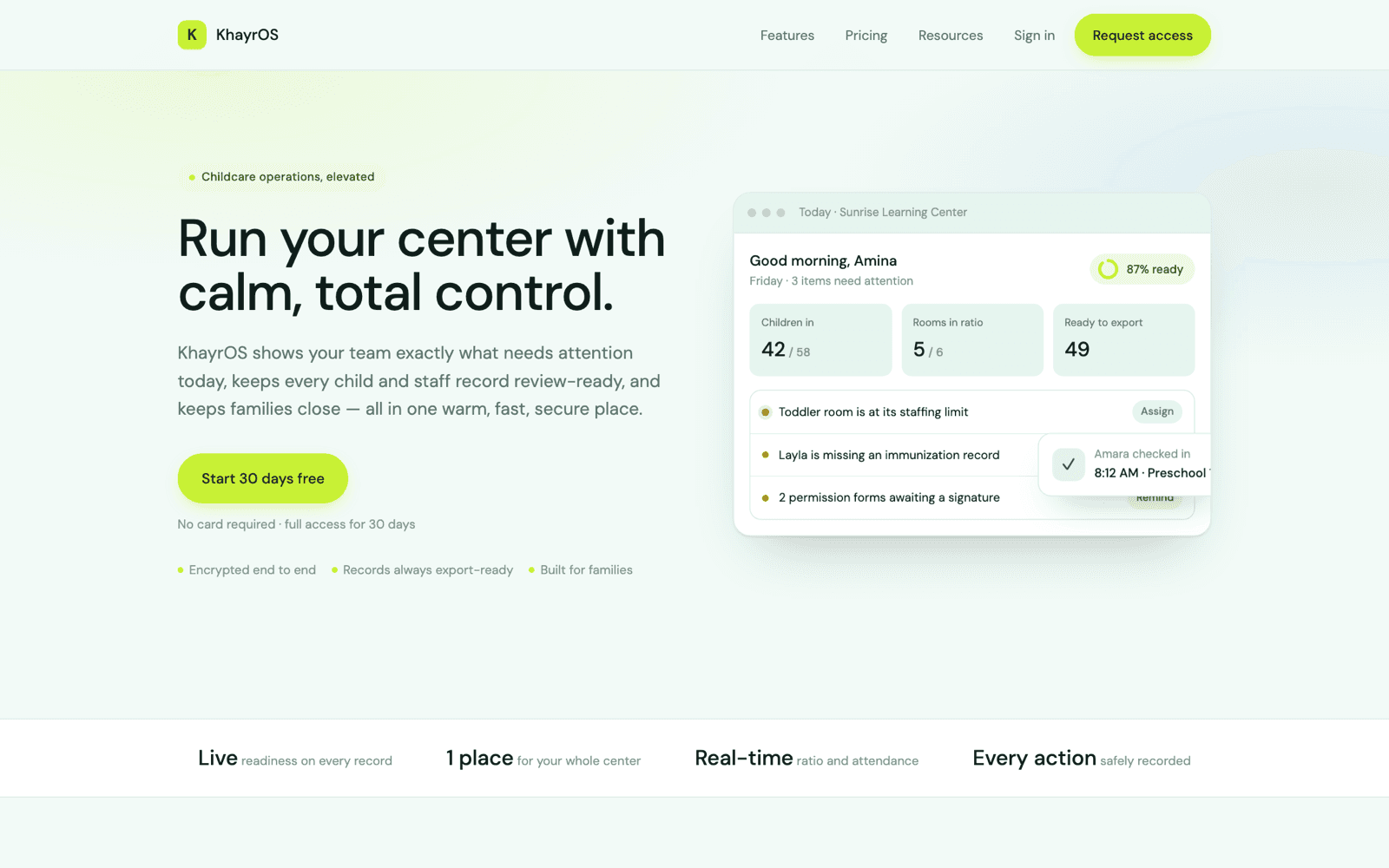 KhayrOS homepage — headline “Run your center with calm, total control” beside a childcare operations dashboard showing attendance, room ratios, and records ready to export.
